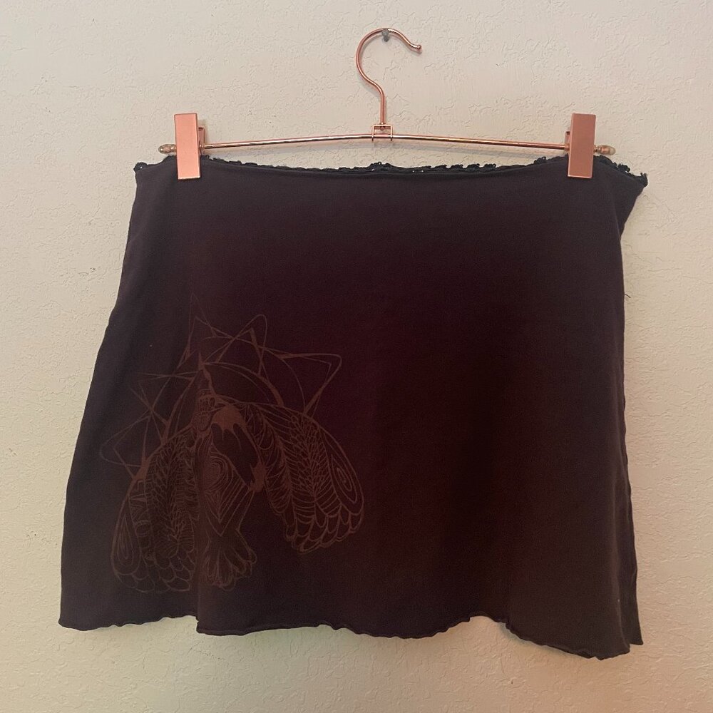 Women's Brown Mini Skirt With Screen Printed Bird Design